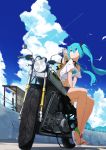  1girl absurdres aqua_eyes aqua_hair bird blue_sky cloud condensation_trail flower from_below ground_vehicle hat hat_flower hatsune_miku headlight highres long_hair looking_away looking_up midriff motor_vehicle motorcycle mountain navel pre_sktch road_sign sandals seagull shirt short_shorts shorts sign sitting sky smile solo straw_hat sunflower t-shirt tire train_station twintails vocaloid white_shirt 