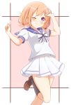  1girl blouse blush gochuumon_wa_usagi_desu_ka? highres hoto_cocoa minatsuki_hitoka one_eye_closed orange_hair purple_eyes ribbon school_uniform serafuku short_sleeves simple_background skirt smile socks solo 