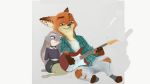  16:9 anthro bottomwear canid canine clothed clothing disney duo ear_piercing female florenze fox fully_clothed fur grey_body grey_fur guitar hi_res holding_guitar judy_hopps lagomorph leporid mammal musical_instrument nick_wilde orange_body orange_fur pants piercing playing_guitar playing_music plucked_string_instrument rabbit red_fox simple_background sitting smile string_instrument torn_bottomwear torn_clothing torn_pants widescreen zootopia 