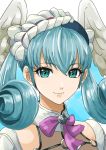  1girl aqua_eyes bangs blue_hair close-up eyebrows_visible_through_hair head_wings headdress looking_down melia solo tsukikage_oyama wings xenoblade_(series) xenoblade_1 