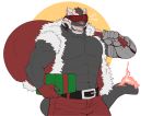  2019 5_fingers abs absurd_res belt biceps biped bottomwear christmas clothed clothing felid fingerless_(marking) fingers fire fire_mobster fur gift grey_body grey_fur hi_res holidays humanoid_hands kanisorn male mammal muscular muscular_male navel open_mouth open_shirt pantherine pants pecs pink_nose red_bottomwear red_clothing red_pants shirt simple_background solo tokyo_afterschool_summoners topwear triceps video_games visor white_background 