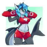  1:1 5_fingers absurd_res ambris anthro blue_eyes blue_hair breasts clothed clothing erika_(ambris) female fin fingers fish hair hi_res marine midriff navel non-mammal_breasts shark solo whistle 