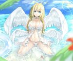  1girl angel angel_wings bikini blonde_hair blue_eyes breasts crab day halo large_breasts long_hair looking_at_viewer navel ocean original sapota_clone smile solo sunlight swimsuit water wet white_bikini wings 