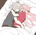  2boys alternate_hairstyle astolfo_(fate) bed bed_sheet black_shirt closed_eyes drooling fang fate/apocrypha fate_(series) grey_hair haoro hug long_hair multiple_boys open_mouth pale_skin pillow pink_hair red_shirt shirt short_hair sieg_(fate/apocrypha) sleeping t-shirt under_covers yaoi 