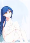  1girl absurdres asterisk_(artist) bangs blue_hair breasts brown_eyes closed_mouth collarbone eyebrows_visible_through_hair frown hair_between_eyes highres idolmaster idolmaster_(classic) kisaragi_chihaya long_hair looking_up nipples nude page_number scan shiny shiny_hair sitting small_breasts solo straight_hair very_long_hair 