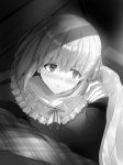  1girl bangs bed_sheet blush breasts collarbone contemporary fate/grand_order fate_(series) frills greyscale hair_ribbon highres kama_(fate/grand_order) large_breasts long_sleeves looking_at_viewer monochrome open_mouth ribbon short_hair yamoge 
