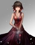  1girl anonamos bangs breasts brown_hair cleavage closed_mouth collarbone dress earrings evening_gown gloves gradient_hair grey_background grey_eyes grey_gloves highres jewelry long_dress looking_at_viewer medium_breasts multicolored_hair red_dress red_hair ruby_rose rwby short_hair sleeveless sleeveless_dress smile solo standing swept_bangs 