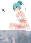  aqua_eyes aqua_hair autumn_leaves breasts crossed_legs domo1220 expressionless falling_leaves full_body hair_bun hatsune_miku leaf light_blush maple_leaf onsen sitting soaking_feet underboob vocaloid water_drop white_background 