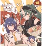  2girls alternate_hairstyle apron arknights black_apron blue_hair blush bowl ch&#039;en_(arknights) chibi chopsticks commentary_request dragon_horns food giving green_eyes green_hair grin hardboiled_egg headband highres horns hoshiguma_(arknights) kyou_039 long_hair multiple_girls necktie noodles oni_horns ponytail ramen red_eyes single_horn smile tongue tongue_out translation_request yellow_neckwear 