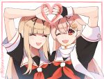  2girls black_gloves black_ribbon black_serafuku blonde_hair closed_eyes dual_persona fingerless_gloves gloves green_eyes hair_flaps hair_ornament hair_ribbon hairclip heart heart_hands heart_hands_duo kantai_collection kozu_(bloomme1_me) long_hair looking_at_viewer multiple_girls neckerchief red_eyes red_neckwear remodel_(kantai_collection) ribbon scarf school_uniform serafuku straight_hair twitter_username upper_body white_background white_scarf yuudachi_(kantai_collection) 