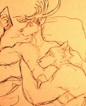  2020 anthro antlers beastars bed bed_sheet bedding canid canine canis cellphone cervid cervine clothed clothing cuddling duo fur furniture horn legoshi_(beastars) louis_(beastars) male male/male mammal muscular nipples phone pillow red_deer tongue tongue_out topless traditional_media_(artwork) wolf wuffinarts 