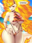  2020 anthro anthrofied beach breasts clothing detailed_background english_text equid female fire front_view hi_res mammal mleonheart nintendo pok&eacute;mon pok&eacute;mon_(species) rapidash seaside solo standing swimwear text video_games 