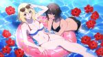  2girls adjusting_eyewear afloat amazuki_jou andou_(girls_und_panzer) bangs bikini black_bikini black_hair blonde_hair blue_eyes blurry blush breasts brown_eyes cleavage dark_skin day eyebrows_visible_through_hair flag_print flower french_flag_bikini girls_und_panzer hibiscus highres innertube leaning_forward looking_at_another medium_breasts medium_hair messy_hair multiple_girls navel open_mouth oshida_(girls_und_panzer) outdoors partially_submerged red_flower side-tie_bikini sitting smile swimming swimsuit water wet 