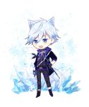  2019 animal_humanoid arknights blue_eyes canid canid_humanoid chibi choker hair humanoid jewelry male mammal mammal_humanoid necklace open_mouth short_hair simple_background smile solo standing steward_(arknights) taziku white_background white_hair 