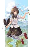  1girl arm_up belt bird black_neckwear black_skirt blue_sky bow bowtie brown_hair cloud commentary_request crow floating folded_leg forest hair_between_eyes hat highres lake leaf looking_to_the_side maple_leaf mountain nature ookashippo pantyhose petticoat pom_pom_(clothes) puffy_short_sleeves puffy_sleeves red_eyes red_footwear red_headwear river scenery shameimaru_aya shirt short_hair short_sleeves skirt sky smile solo tokin_hat touhou untucked_shirt white_legwear white_shirt 
