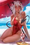  1girl artist_name bangs bare_arms bare_shoulders beach beach_umbrella black_horns blush breasts collarbone commentary covered_navel covering covering_breasts day demon_girl demon_horns demon_tail english_commentary food glass groin hair_between_eyes hand_on_own_chest heart heart-shaped_pupils helltaker holding holding_swimsuit horns ice_cream large_breasts lips long_hair looking_at_viewer modeus_(helltaker) ocean off-shoulder_swimsuit olga_solovian on_ground one-piece_swimsuit outdoors parted_lips red_eyes red_swimsuit red_umbrella signature silver_hair sitting solo swimsuit symbol-shaped_pupils tagme tail tail_censor umbrella 