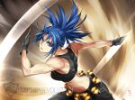  1girl bangs bare_shoulders black_gloves blue_eyes blue_hair breasts cargo_pants earrings gas_can gloves gunshiprevolution jewelry leona_heidern looking_at_viewer military military_uniform muscle muscular_female pants ponytail serious signature solo the_king_of_fighters the_king_of_fighters_xiii uniform watermark web_address 