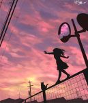  1girl artist_name balancing building cat dated fence highres mirror original outdoors power_lines scenery silhouette sky sunset yuruyume1224 