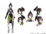  1girl bangs black_hair breasts cleavage_cutout clenched_teeth closed_mouth expression_chart facial_scar full_body grey_skin high_ponytail japanese_clothes kunai_zenow looking_at_viewer medium_breasts monster_girl monster_musume_no_oisha-san multiple_views muscle muscular_female nose_scar official_art open_mouth orange_eyes sandals scar simple_background standing stitches teeth white_background zombie 