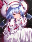  1girl :o arm_rest bangle bat_wings blue_hair blush bracelet capelet commentary dress eyebrows_visible_through_hair hair_between_eyes hat hat_ribbon head_in_hand jewelry long_sleeves looking_at_viewer red_eyes remilia_scarlet ribbon sash short_hair sitting sky solo star_(sky) starry_sky touhou unory white_capelet white_dress white_headwear wings 