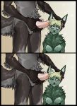  anthro bite biting_lip black_body black_fur blonde_hair canid canine canis chiropteran claws cute_fangs duo ear_penetration faceless_male female fluffy fur genitals green_body green_fur grey_body grey_fur hair hi_res humanoid_genitalia humanoid_penis kolkolukija male male/female mammal penetration penis pink_eyes pteropodid wolf 