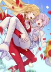  2girls ahoge arm_around_shoulder blonde_hair blurry_foreground blush bouquet carrying cherico commentary falling_petals flower formal green_eyes hair_tubes high_heels highres long_hair looking_at_viewer multiple_girls open_mouth pants petals princess_carry purple_eyes purple_hair red_nails red_pants red_suit sidelocks signature suit tsurumaki_maki vocaloid voiceroid white_pants white_suit yuzuki_yukari 