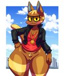  2020 absurd_res animal_crossing anthro blush bottomless breasts cleavage clothed clothing digital_media_(artwork) domestic_cat fangs felid feline felis female genitals hi_res jacket jewelry katt_(animal_crossing) looking_at_viewer mammal necklace nintendo pussy shirt smile solo thick_thighs topwear toto_draw video_games yellow_sclera 