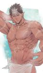  1boy abs bara beard brown_hair chest dark_skin dark_skinned_male facial_hair highres jewelry lamapacosss looking_at_viewer male_focus muscle navel necklace nipples one_eye_closed pectorals pointy_ears shirtless solo spiked_hair steam tangaroa tattoo tokyo_houkago_summoners upper_body white_hair yellow_eyes 