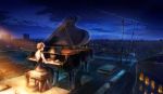  1girl absurdres antennae black_dress brown_hair cityscape closed_eyes dress grand_piano highres instrument inzanaki music night original piano piano_bench playing_instrument rooftop scenery sitting sky sleeveless sleeveless_dress solo star_(sky) starry_sky 