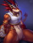  2020 anthro black_gloves blue_background bottomless clothed clothing countershade_torso countershading dragon featureless_crotch fur future_card_buddyfight gloves hair handwear horn looking_at_viewer male navel nurinaki orange_body red_body red_eyes red_fur red_hair shaded shirt simple_background solo spread_legs spreading sun_dragon_bal tail_tuft topwear tuft white_body white_clothing white_countershading white_shirt white_topwear wingless_dragon 
