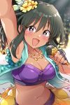  1girl black_hair blush bracelet breasts cleavage dark_skin eyebrows_visible_through_hair flower hair_flower hair_ornament holding idol idolmaster idolmaster_cinderella_girls jewelry looking_at_viewer medium_breasts microphone mio_(mgr300) music natalia_(idolmaster) navel open_mouth purple_eyes short_hair singing smile solo star-shaped_pupils star_(symbol) symbol-shaped_pupils upper_body 