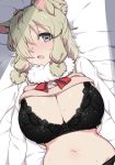  1girl alpaca_ears alpaca_suri_(kemono_friends) alternate_breast_size animal_ears black_bra black_panties blonde_hair bra breasts cleavage commentary_request dutch_angle eyebrows_visible_through_hair eyelashes eyes_visible_through_hair from_above fur_collar grey_eyes hair_bun hair_over_one_eye highres horizontal_pupils huge_breasts kemono_friends kuro_mushi long_sleeves lying medium_hair navel neck_ribbon on_back open_mouth panties ribbon shirt solo stomach sweat sweater_vest underwear upper_body vest_lift white_shirt 