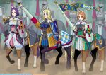  6+girls :o animal_ears armor bangs black_bodysuit blonde_hair blue_eyes blush bodysuit braid breastplate breasts brown_hair centaur chinese_commentary cleavage commentary dust english_commentary extra eyebrows_visible_through_hair flag french_braid full_armor full_body green_background green_eyes hair_bun holding holding_instrument holding_polearm holding_shield holding_weapon hooves horn_(instrument) horse_ears horse_tail instrument kay_arte kensaint large_breasts long_hair looking_to_the_side mixed-language_commentary monster_girl monster_musume_no_oisha-san multiple_girls multiple_legs open_mouth parted_bangs patreon_username polearm purple_hair red_eyes rona_arte shadow sheath sheathed shield short_hair sidelocks smile standing standing_on_three_legs sword tail tisalia_scythia twitter_username watermark weapon web_address 