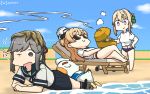  3girls beach bikini bikini_bottom bikini_under_clothes bird black_skirt blonde_hair blue_sailor_collar blue_sky braid braided_bun chair character_name cloud commentary_request dated day doubutsu_no_mori duck food french_braid grill hamu_koutarou highres kantai_collection kebab long_hair lounge_chair lying multiple_girls on_stomach outdoors perth_(kantai_collection) pleated_skirt purple_eyes sailor_collar school_uniform seaweed serafuku shirt short_hair skirt sky sunglasses swimsuit swimsuit_under_clothes tied_shirt usugumo_(kantai_collection) wavy_hair white_shirt zara_(kantai_collection) 