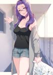  1girl bangs_pinned_back blurry blurry_background breasts camisole cleavage commentary denim denim_shorts glasses highres holding large_breasts long_hair looking_at_viewer off_shoulder original pochi_(pochi-goya) purple_eyes purple_hair short_shorts shorts solo strong_zero torn_clothes torn_shorts trash_bag 