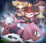  2020 absurd_res beef beverage black_sclera blonde_hair breasts crown female food green_eyes group hair hi_res humanoid league_of_legends lulu_(lol) male meat pink_hair potion riot_games short_stack smile spade_tail teemo_(lol) tristana_(lol) user_cpsf8285 video_games white_hair yellow_eyes yordle 