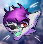  anthro black_eyebrows black_nose canid canine canis cheek_tuft dipstick_ears eyebrows facial_tuft fur hair headshot headshot_portrait heterochromia_iridum hi_res male male/male mammal markings multicolored_ears portrait scar skratchsunskit solo teeganblu tongue tongue_out tuft wolf 