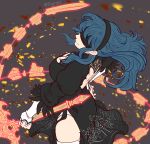  1girl back_cutout black_blindfold black_dress black_gloves black_hairband black_legwear blindfold blue_eyes blue_hair breasts byleth_(fire_emblem) byleth_(fire_emblem)_(female) cleavage_cutout closed_mouth cosplay covered_eyes diardri dress feather-trimmed_sleeves feather_trim fire_emblem fire_emblem:_three_houses gloves hairband highres juliet_sleeves large_breasts leotard long_sleeves looking_at_viewer medium_hair nier_(series) nier_automata puffy_sleeves simple_background smile solo sword thighhighs thighhighs_under_boots thong_leotard two-sided_skirt vambraces weapon white_leotard yorha_no._2_type_b yorha_no._2_type_b_(cosplay) 