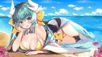  1girl aqua_hair beach bikini blush breasts cleavage cloud commentary_request dragon_horns fate/grand_order fate_(series) flower frilled_bikini frills hibiscus honoka_chiffon horns kiyohime_(fate/grand_order) kiyohime_(swimsuit_lancer)_(fate) large_breasts lying ocean on_side open_mouth sky solo sparkle swimsuit yellow_bikini yellow_eyes 