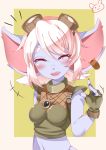  2019 absurd_res blush breasts clothing ear_piercing ear_ring eyes_closed eyewear female fingerless_gloves gloves goggles goggles_on_head hair handwear hi_res league_of_legends navel not_furry open_mouth piercing riot_games simple_background smile solo tristana_(lol) user_cpsf8285 video_games white_hair yordle 