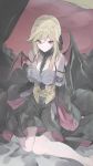  1girl bare_shoulders bat_wings bed_sheet black_dress blonde_hair blood bloody_tears breasts cleavage closed_mouth collarbone crying dress duel_monster fingernails frills highres indoors long_hair red_eyes sitting sketch sleeves_past_wrists solo tears tsumayouji_(dekosoko) vampire vampire_fraulein wings yuu-gi-ou 