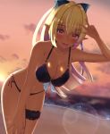  1girl absurdres bangs beach bikini black_bikini blonde_hair blush bow breasts cleavage covered_nipples crossed_bangs dark_skin elf eyebrows_visible_through_hair hair_bow hand_on_own_thigh highres hololive huge_filesize large_breasts leaning_forward leg_garter lens_flare long_hair looking_at_viewer melow_menow multicolored_hair o-ring o-ring_bikini open_mouth pointy_ears ponytail red_eyes shiranui_flare side-tie_bikini smile solo streaked_hair sun sunset swimsuit very_long_hair virtual_youtuber w wind 