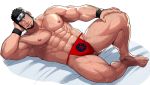  1boy abs bara beard black_hair body_hair chest cigarette facial_hair forehead_protector full_body fundoshi hand_on_thigh japanese_clothes konohagakure_symbol looking_at_viewer male_focus male_pubic_hair manly muscle naruto_(series) nipples pectorals pubic_hair revealing_clothes sakuramarusan sarutobi_asuma smile solo thick_thighs thighs 