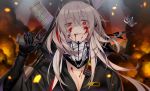  1girl blonde_hair blood breasts carrying_over_shoulder cleavage crazy_eyes deathalice dinergate_(girls_frontline) english_commentary evil_smile eyebrows_visible_through_hair fangs fire girls_frontline gun hair_between_eyes headgear jacket long_hair looking_at_viewer m4_sopmod_ii_(girls_frontline) mechanical_hand multicolored_hair red_eyes red_hair scarf sidelocks smile smoke sopmod spotlight streaked_hair tongue tongue_out trigger_discipline weapon 