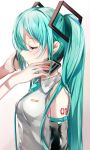  1girl absurdres adjusting_headphones aqua_hair aqua_neckwear bare_shoulders black_sleeves breasts closed_eyes detached_sleeves from_side hair_ornament hands_on_another&#039;s_face hatsune_miku headphones headset highres long_hair necktie shiny shiny_clothes shirt shoulder_tattoo small_breasts tattoo tsukasa_(pixiv34617881) twintails very_long_hair vocaloid white_shirt 