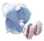  2009 anthro arms_above_head blue_body blue_fur clothing eulipotyphlan eyes_closed fluffy footwear fur male mammal niwa0w0 shoes simple_background sitting solo sonic_the_hedgehog_(series) sonic_the_werehog sonic_unleashed were wereeulipotyphlan werehog white_background 