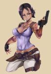  1girl absurdres armlet artist_name beige_background belt beretta_92 black_gloves bracer breasts brown_hair choker cleavage commentary_request cowboy_shot dark_skin earrings fingerless_gloves fox_udon gloves gun hand_up handgun highres holding holding_gun holding_weapon holster hoop_earrings jewelry knife lips long_hair looking_to_the_side medium_breasts multiple_earrings navel necklace ponytail resident_evil resident_evil_5 sheath sheva_alomar shoulder_tattoo simple_background solo tactical_clothes tank_top tattoo thigh_holster trigger_discipline tsurime weapon yellow_eyes 