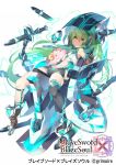  1girl black_gloves black_legwear brave_sword_x_blaze_soul center_opening elbow_gloves eyebrows_visible_through_hair gloves green_eyes green_hair hair_between_eyes highres kokka_han long_hair looking_at_viewer navel ponytail single_thighhigh solo thighhighs white_background 