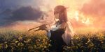  1girl absurdres backlighting bare_shoulders black_jacket brown_hair cloud cloudy_sky collared_shirt day expressionless fantasy flower highres holding holding_instrument horns huge_filesize instrument jacket long_hair long_sleeves looking_away meadow off_shoulder original outdoors pointy_ears sagiri_(ulpha220) scenery shirt sidelocks sky sleeveless sleeveless_shirt solo sunlight trumpet white_shirt wide_shot yellow_flower 