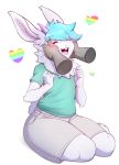 &lt;3 absurd_res anthro blue_hair bottomwear chest_tuft clothed clothing digital_media_(artwork) disembodied_hand eyes_closed hair hand_on_face happy hi_res horn lagomorph leporid lewd_thoughts male mammal open_mouth petting rabbit rainbow shirt shorts simple_background solo_focus suelix topwear touching_face tuft white_background white_hair 